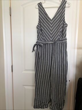 LOFT Charcoal and White Striped V-Neck Sleeveless Jumpsuit with Waist Tie